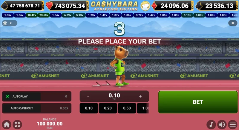 Cashybara Athletics Edition – peamine jooksu ekraan koefitsientide loenduriga